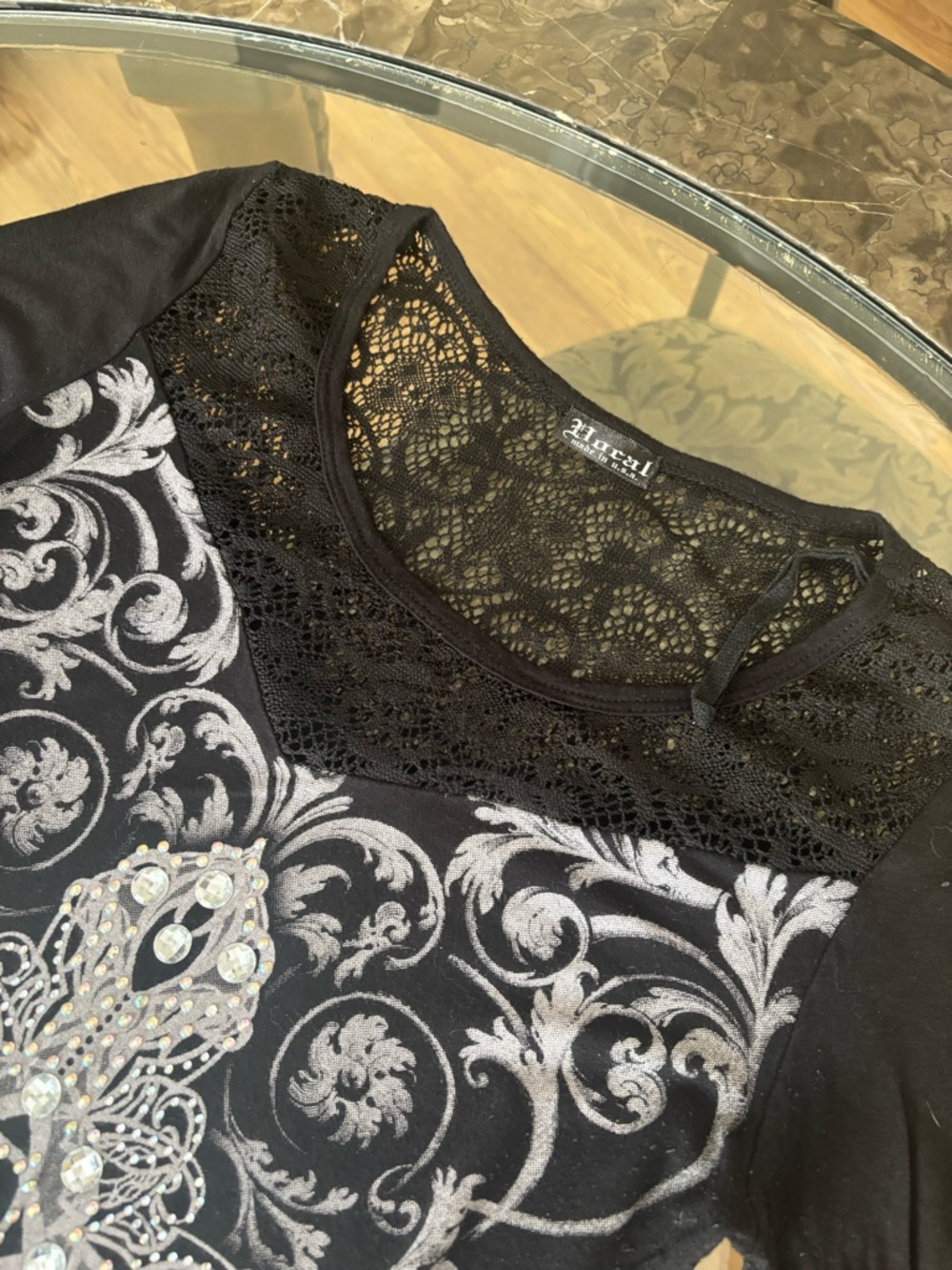 Vocal Cyber Y2K Grunge Rhinestone Long-Sleeve Tunic w/ White Ornate Cross Print - Picture 3 of 4